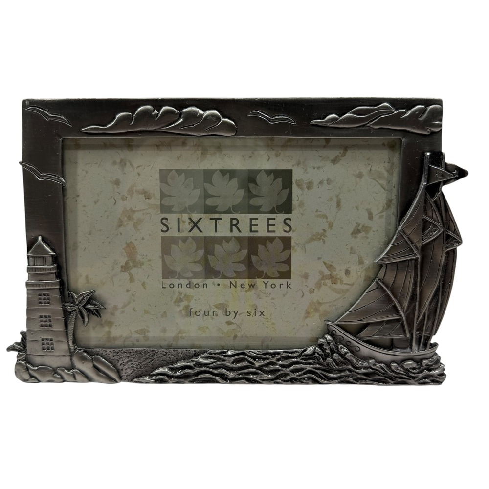 Sixtrees Nautical Pewter Tone 4x6 Picture Frame Lighthouse Sailboat Coastal